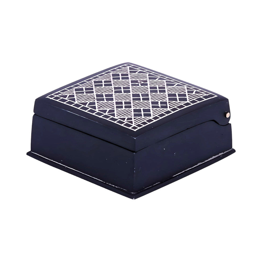 Bidriware Art Work Black Metal Handcrafted Square Silver Inlay Jewellery Box