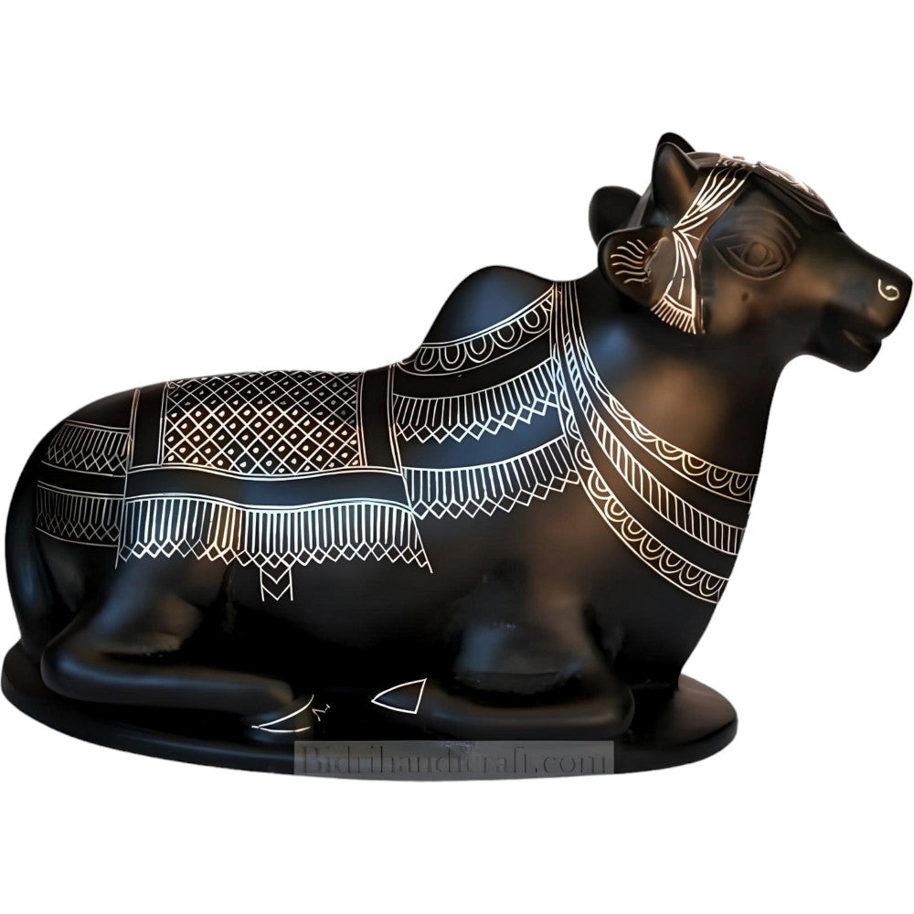 Handcrafted Bidri Art Work Silver Black Metal Nandi Showpiece
