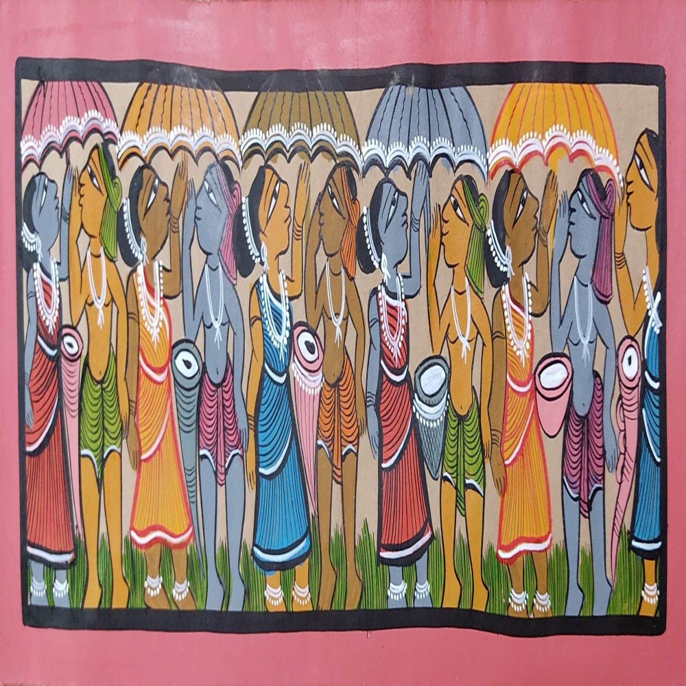 Adivasi Tribe Dancing In Rain Bengal Patachitra
