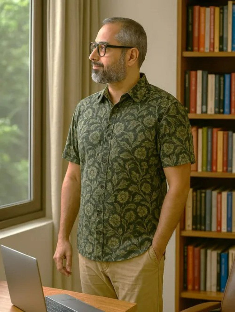 Akola Block Printed Cotton Men's Half Sleeves Shirt - Green