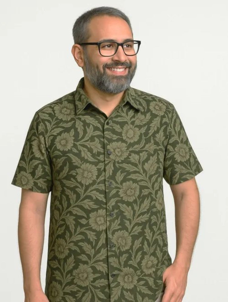 Akola Block Printed Cotton Men's Half Sleeves Shirt - Green