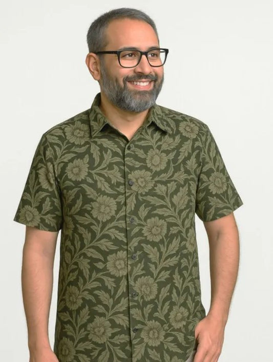 Akola Block Printed Cotton Men's Half Sleeves Shirt - Green