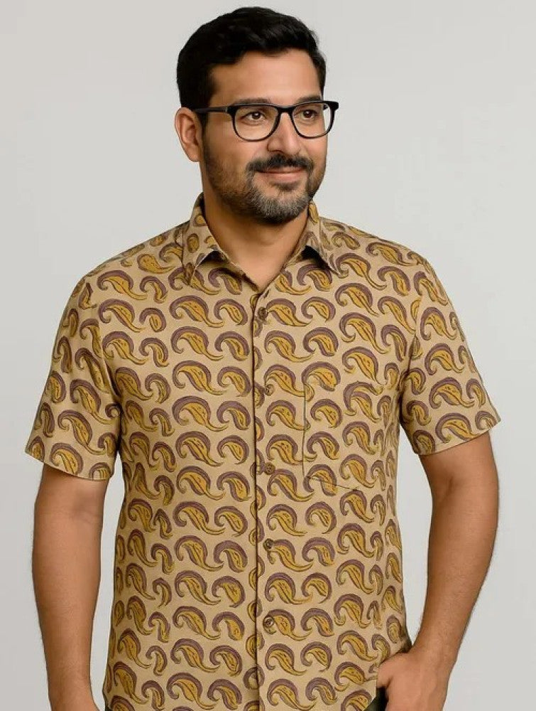 Akola Block Printed Cotton Men's Half Sleeves Shirt - Off White