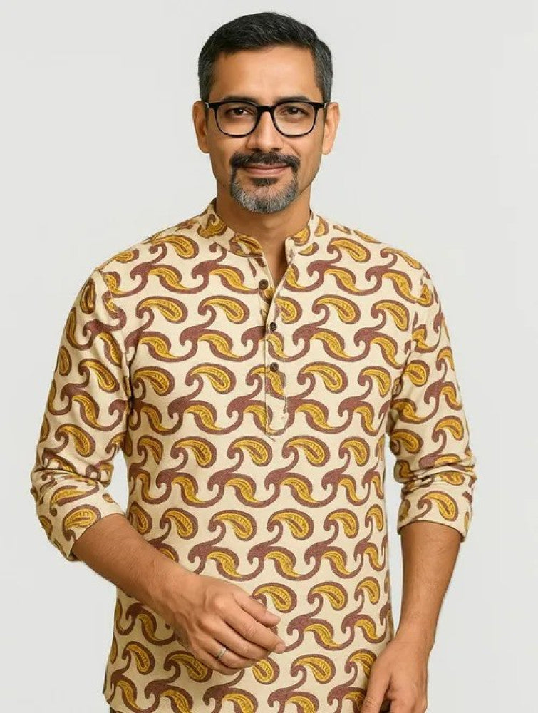 Akola Block Printed Cotton Men's Short Kurta - Off White