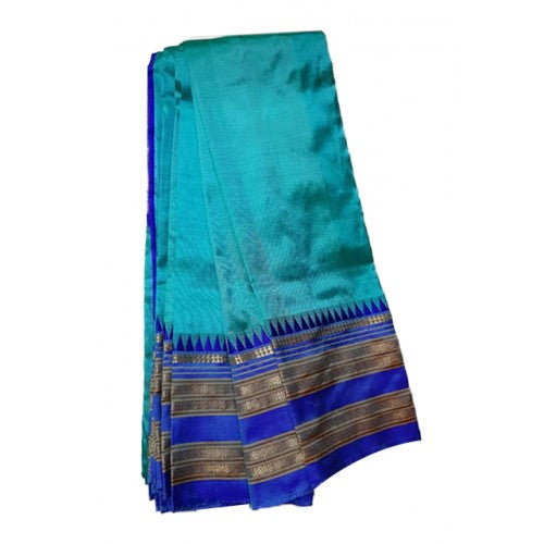 Alluring Narayanpet Handloom Woven Strips Blue Colour Mulberry Silk Saree With Elegant Pallu
