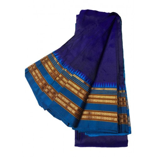 Alluring Narayanpet Handloom Woven Strips Dark Blue Color Mulberry Silk Saree With Elegant Pallu