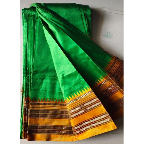 Alluring Narayanpet Handloom Woven Strips Green Colour Yellow Border Mulberry Silk Saree