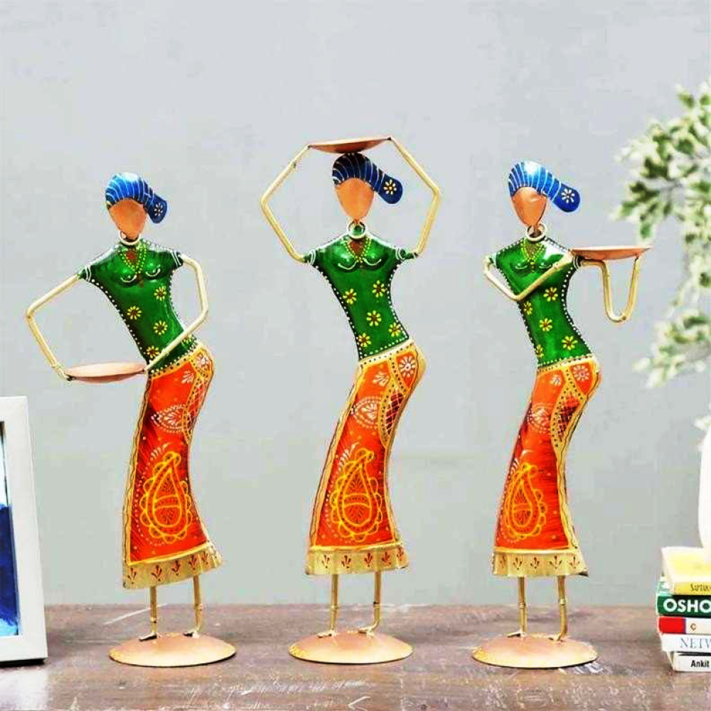 Antique Metal Lady Farmer Figurine Set of 3