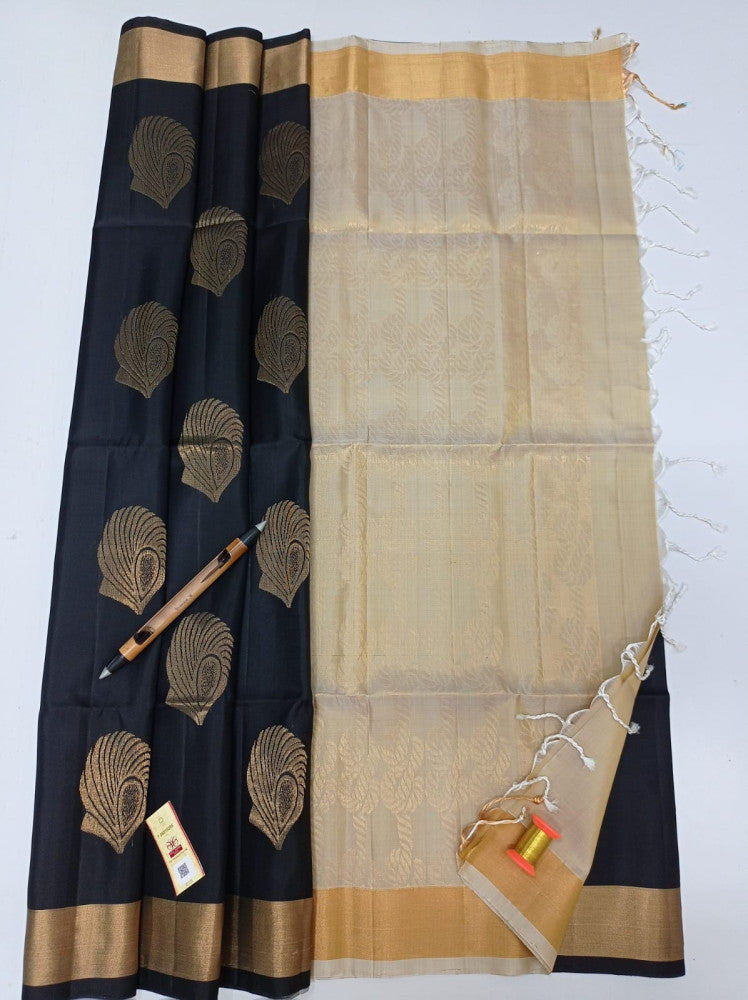 Authentic Handloom Elite Pure Soft Silk Sarees - Dark Black Coloured with White Zari With Golden Border With SilkMark Tag