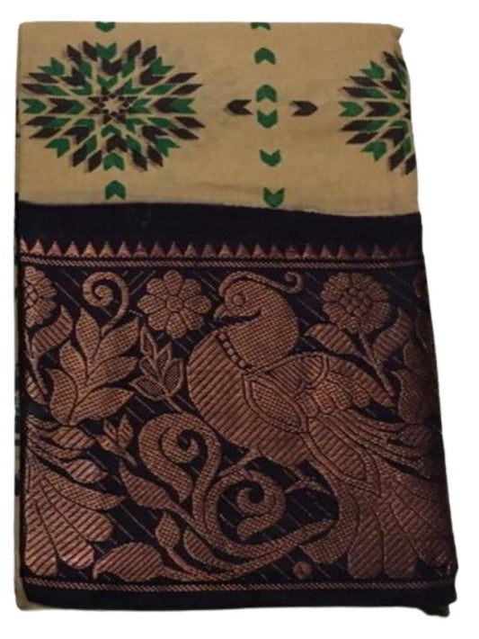 Authentic Madurai Sungudi Sarees- Green Pattern with Peacock Zari Themed