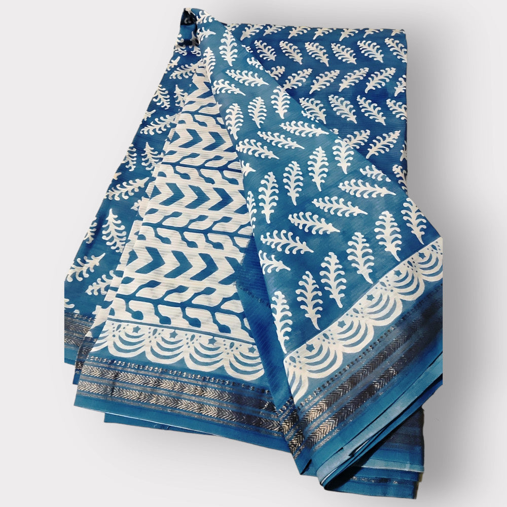 Bagh Hand Block Printing Blue & White Saree