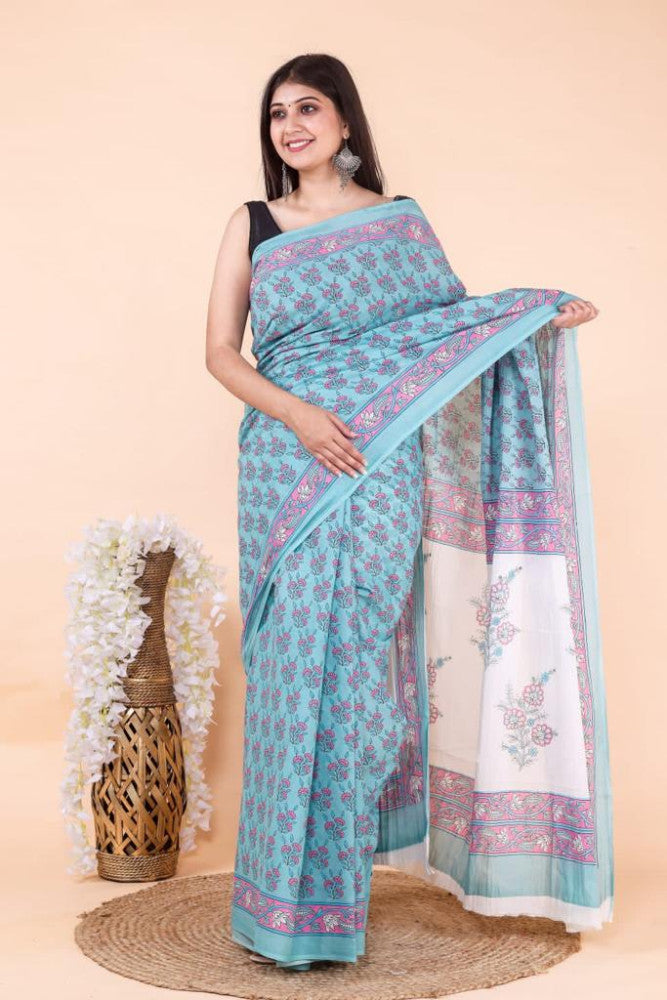 Bagru Block Print Cotton mulmul Saree Style 181