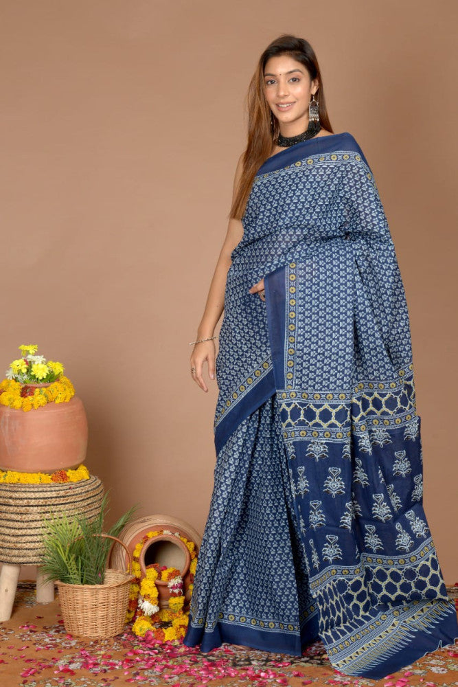 Bagru Block Print Cotton mulmul Saree Style 182