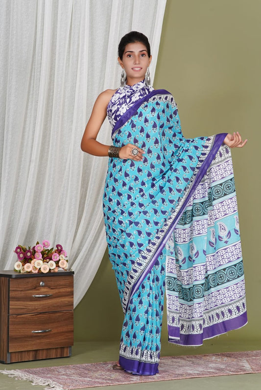 Bagru Block Print Cotton mulmul Saree Style 183