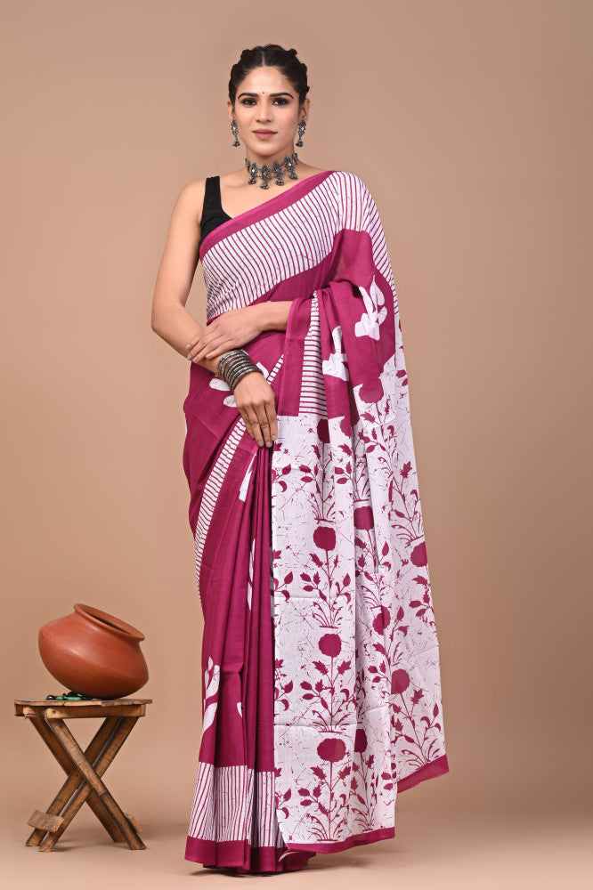 Bagru Block Print Cotton mulmul Sarees Style 2