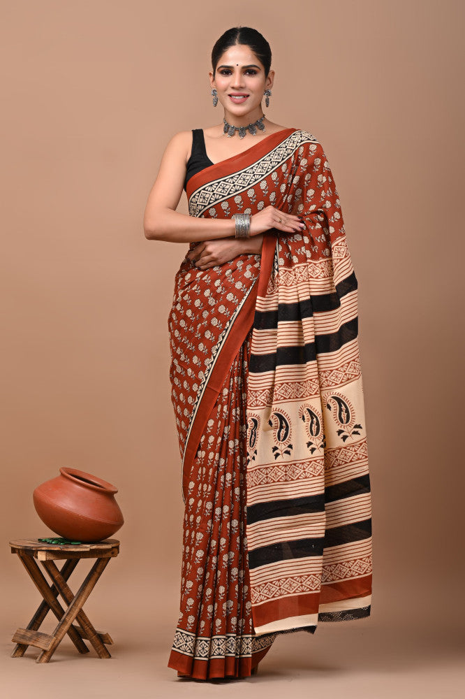 Bagru Block Print Cotton mulmul Sarees Style 72