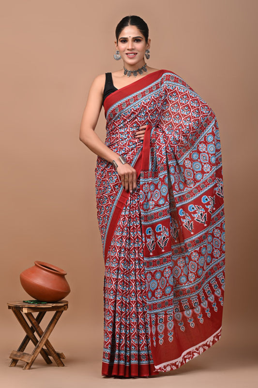 Bagru Block Print Cotton mulmul Sarees Style 76