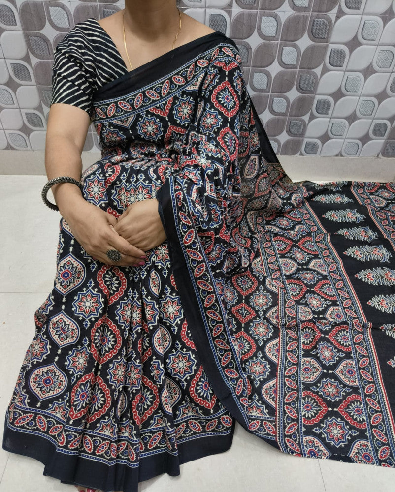 Bagru Block Print Cotton mulmul sarees with blouse