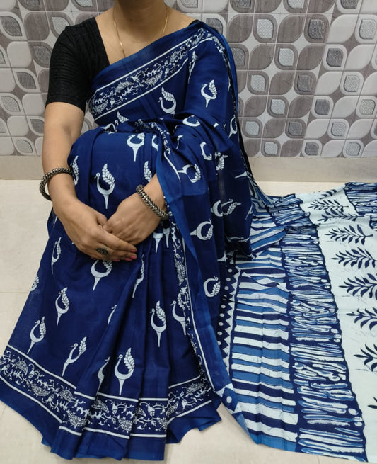 Bagru Block Print Cotton mulmul sarees with blouse Style 13