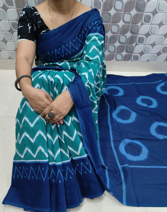 Bagru Block Print Cotton mulmul sarees with blouse Style 16