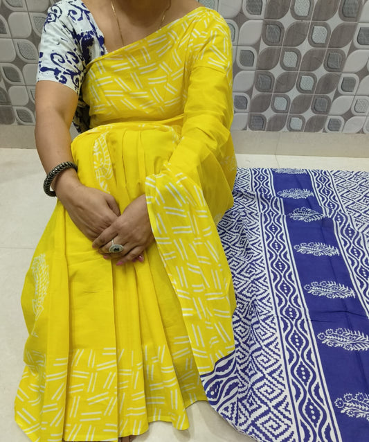 Bagru Block Print Cotton mulmul sarees with blouse Style 18