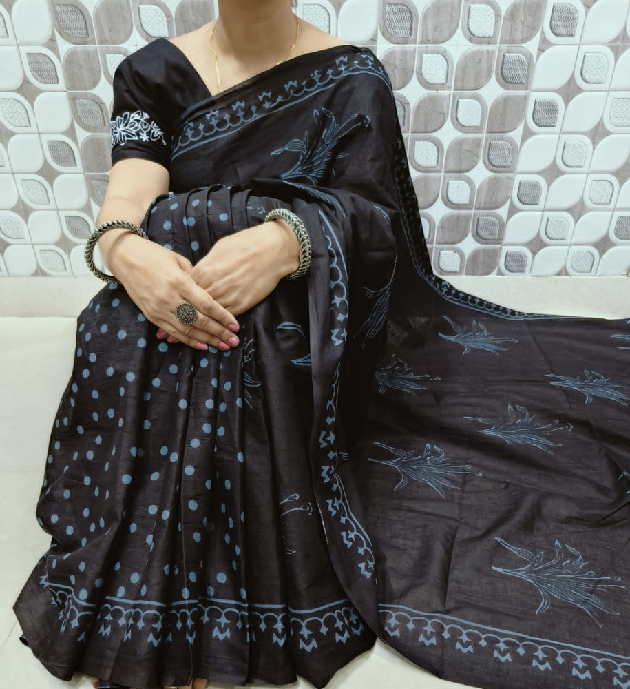 Bagru Block Print Cotton mulmul sarees with blouse Style 2