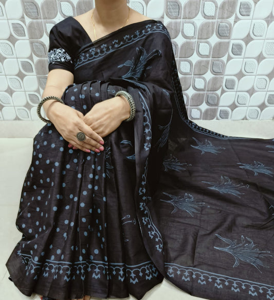Bagru Block Print Cotton mulmul sarees with blouse Style 2