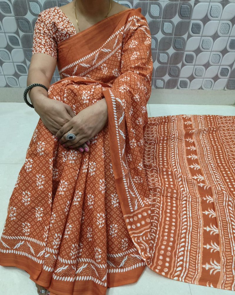 Bagru Block Print Cotton mulmul sarees with blouse Style 22