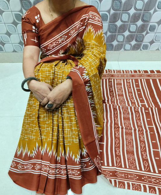 Bagru Block Print Cotton mulmul sarees with blouse Style 28