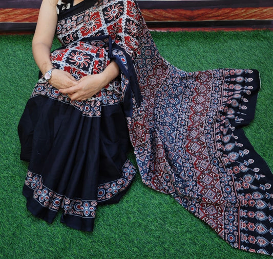 Bagru Block Print Cotton mulmul sarees with blouse Style 29