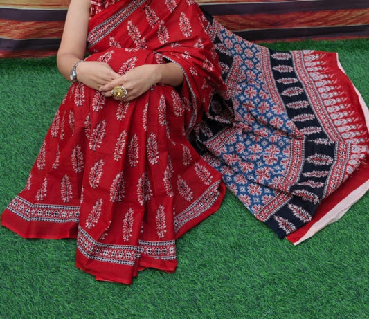 Bagru Block Print Cotton mulmul sarees with blouse Style 31