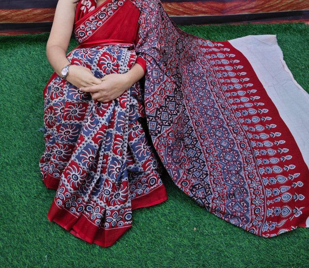 Bagru Block Print Cotton mulmul sarees with blouse Style 32