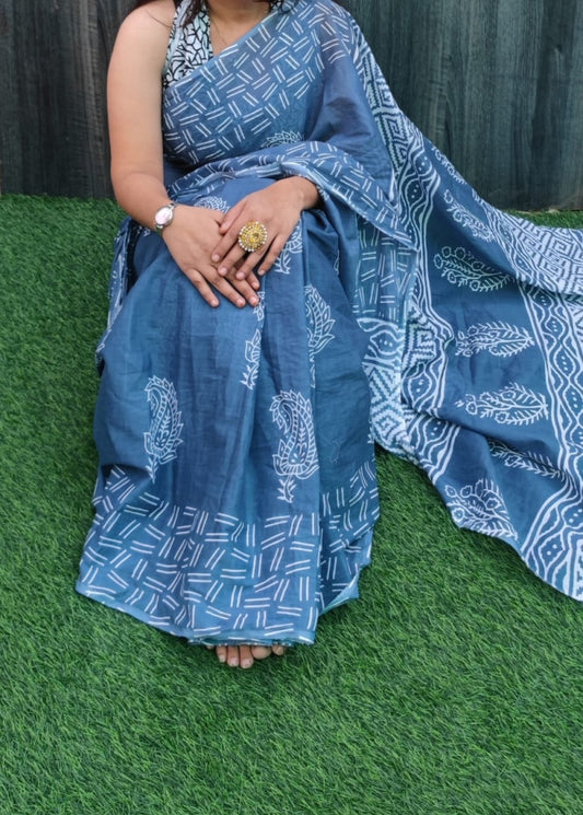 Bagru Block Print Cotton mulmul sarees with blouse Style 34
