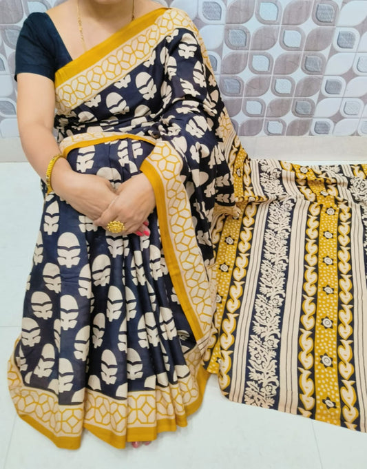 Bagru Block Print Cotton mulmul sarees with blouse Style 36