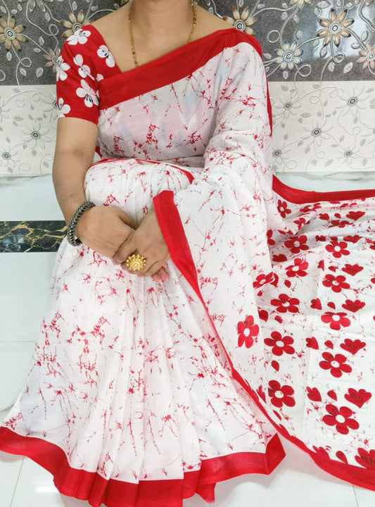 Bagru Block Print Cotton mulmul sarees with blouse Style 40