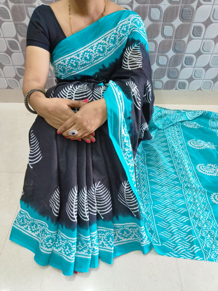 Bagru Block Print Cotton mulmul sarees with blouse Style 44