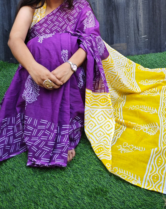 Bagru Block Print Cotton mulmul sarees with blouse Style 45