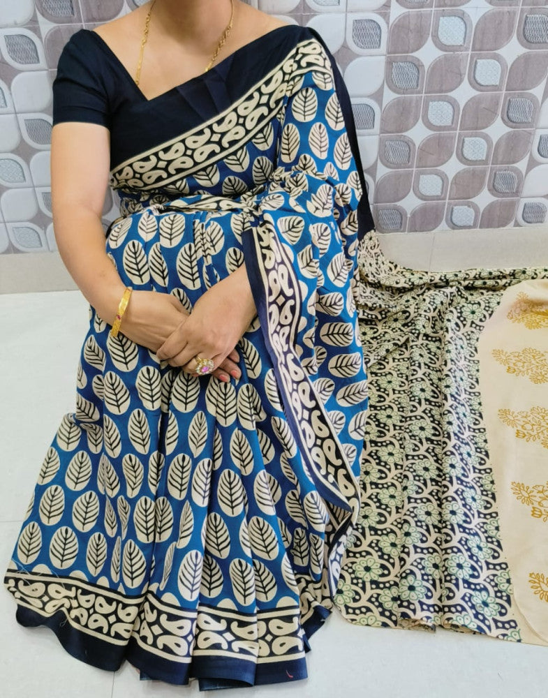 Bagru Block Print Cotton mulmul sarees with blouse Style 47