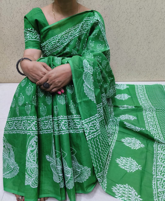 Bagru Block Print Cotton mulmul sarees with blouse Style 5