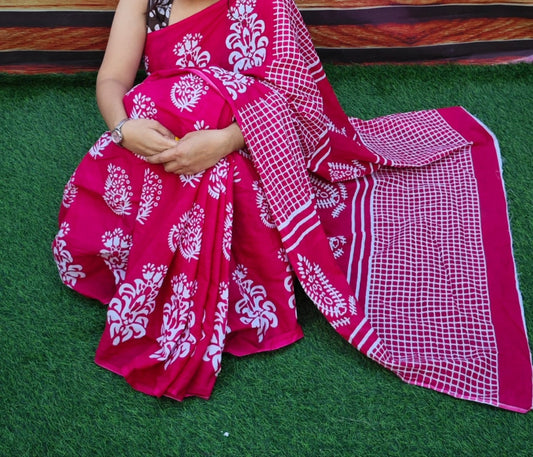 Bagru Block Print Cotton mulmul sarees with blouse Style 50