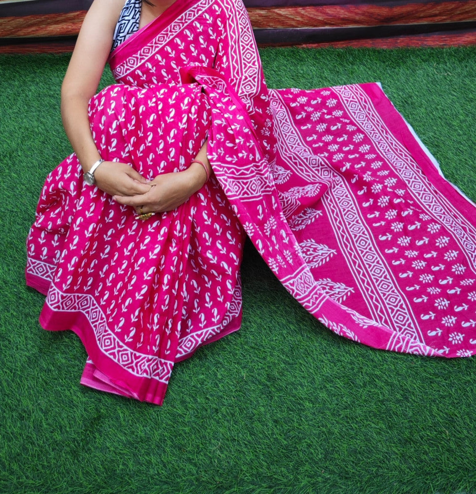 Bagru Block Print Cotton mulmul sarees with blouse Style 53