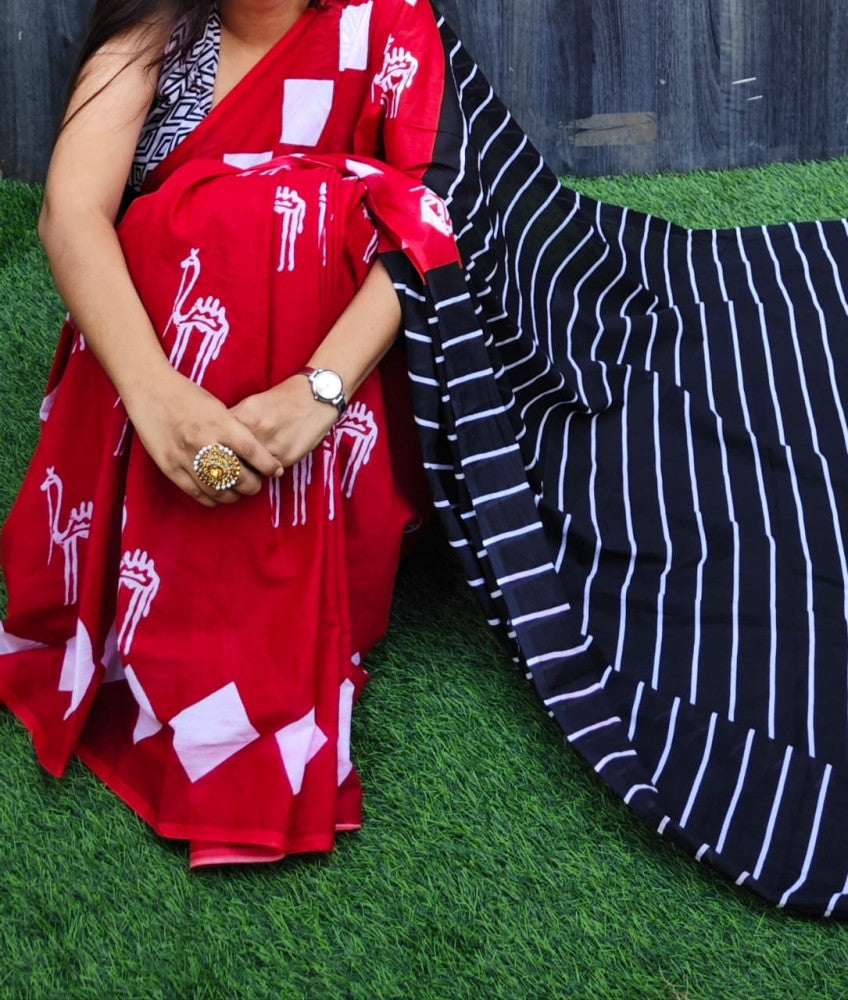 Bagru Block Print Cotton mulmul sarees with blouse Style 54