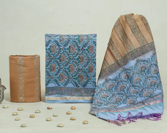 Bagru Hand Block Chanderi Silk Dress material Style 1