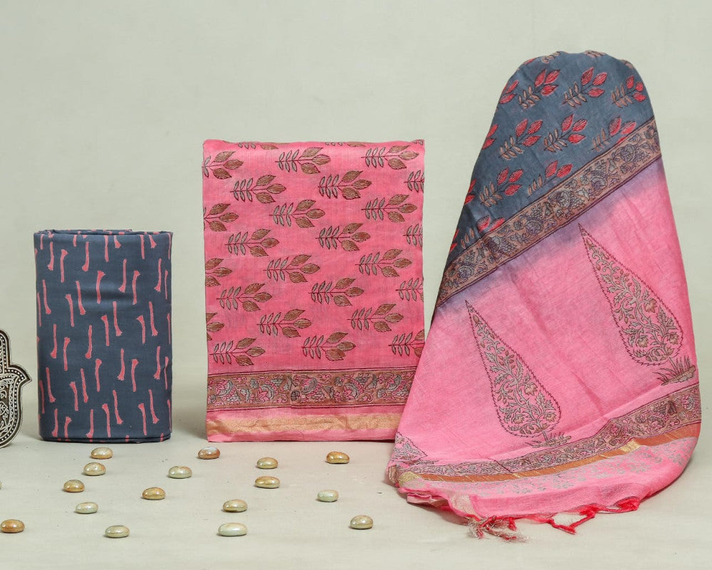 Bagru Hand Block Chanderi Silk Dress material Style 30