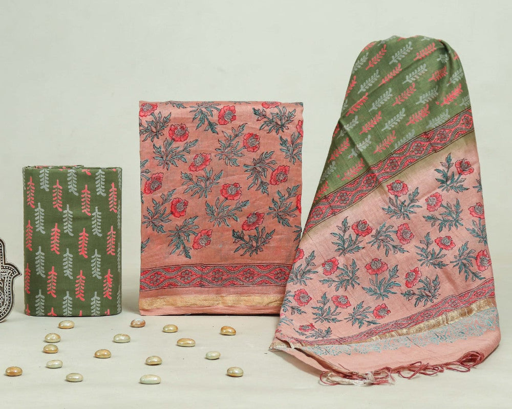 Bagru Hand Block Chanderi Silk Dress material Style 58