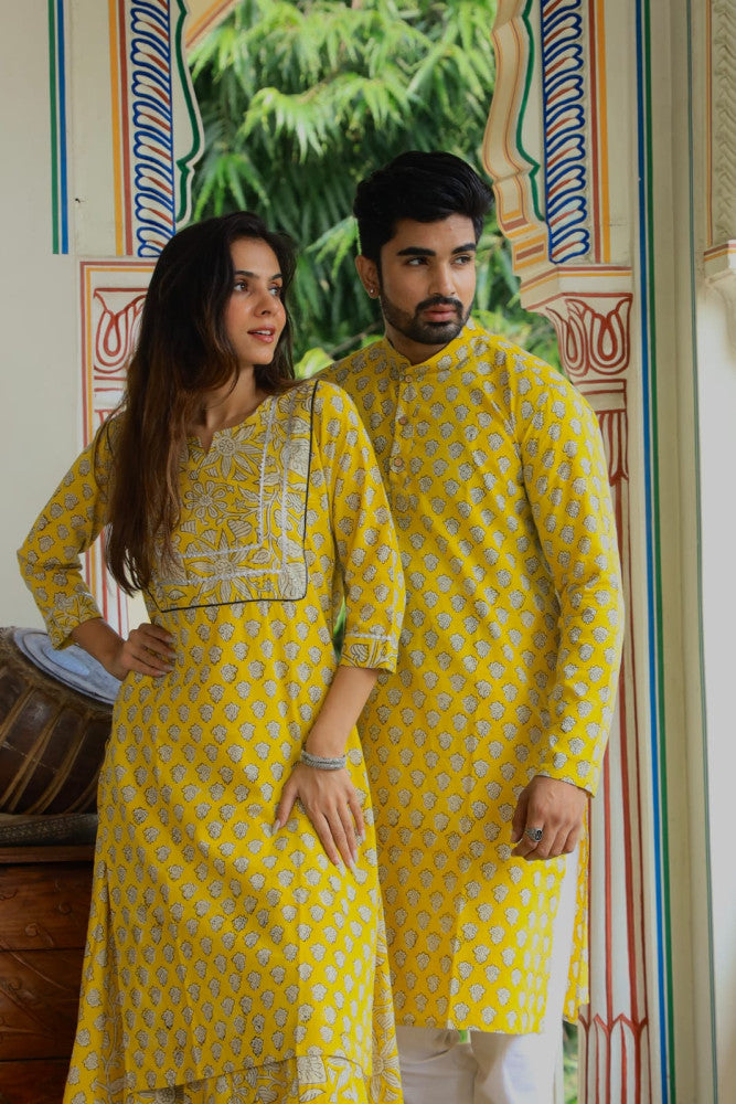 Bagru Hand Block Printed Couple Dress Ladies Kurta Skirt & Gent's Kurta Pajama Style 1