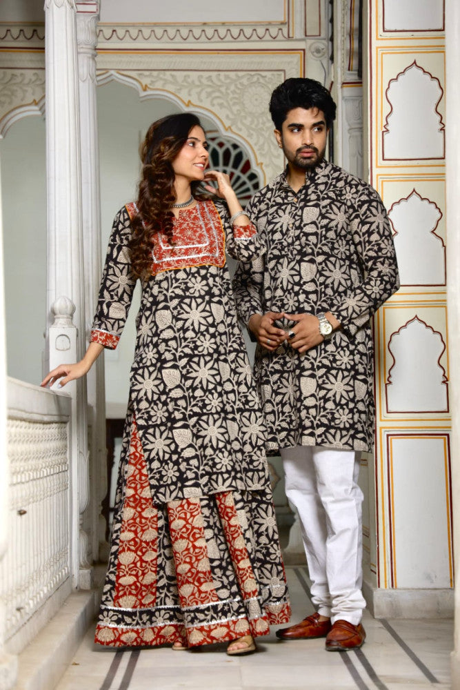 Bagru Hand Block Printed Couple Dress Ladies Kurta Skirt & Gent's Kurta Pajama Style 2