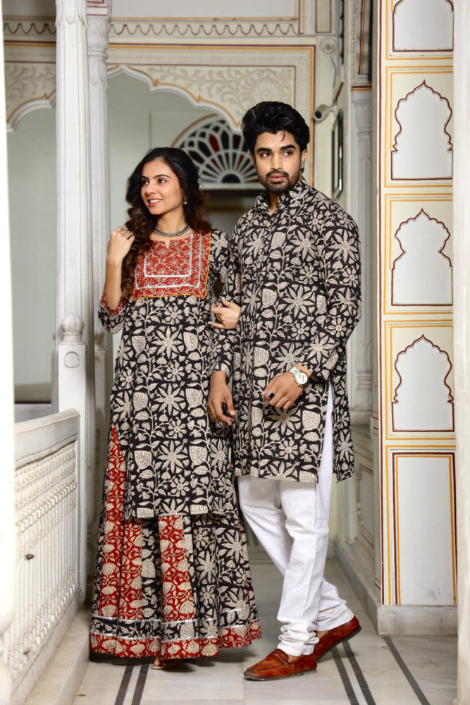 Bagru Hand Block Printed Couple Dress Ladies Kurta Skirt & Gent's Kurta Pajama Style 2
