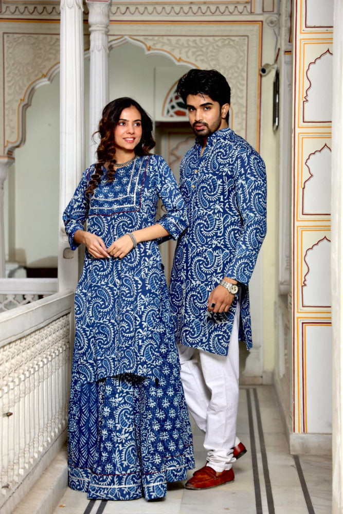 Bagru Hand Block Printed Couple Dress Ladies Kurta Skirt & Gent's Kurta Pajama