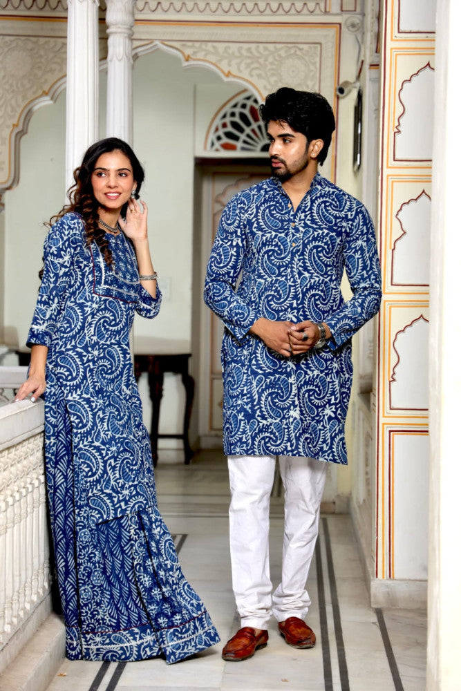 Bagru Hand Block Printed Couple Dress Ladies Kurta Skirt & Gent's Kurta Pajama